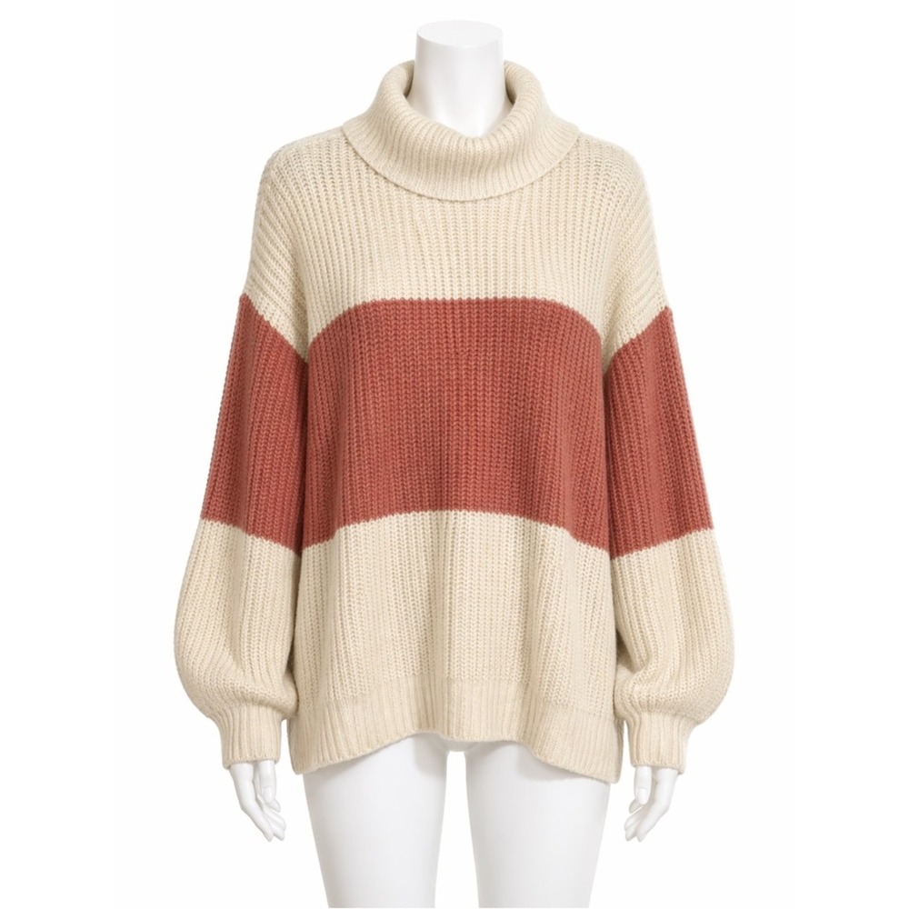 POPSUGAR Colorblock Turtleneck Sweater Womens Large Cream Pink Oversized Stripe